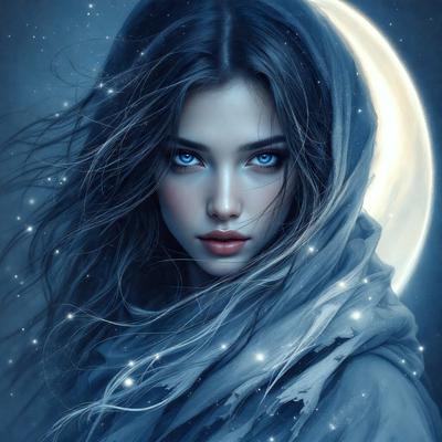 The primary subject of the image is a woman with long, flowing hair. She is wearing a hooded robe and has a blue-eyed gaze. The setting is a nighttime scene, with a moon visible in the background. The visual style is a digital art or illustration, creating a surreal and dreamy atmosphere. The colors are predominantly blue and white, with the woman's hair being a striking contrast in color.